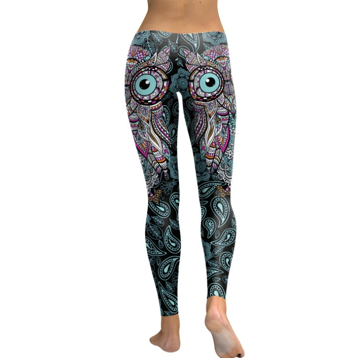 Women Cool Owl Digital Print Flower Fitness Workout Leggings Slim Elastic Plus Size