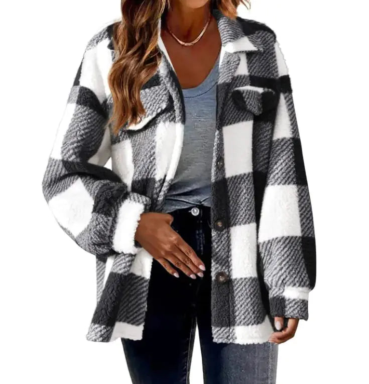 Plush Plaid Womens Autumn And Winter Open Button Lapel Thermal Plaid Pattern Jacket