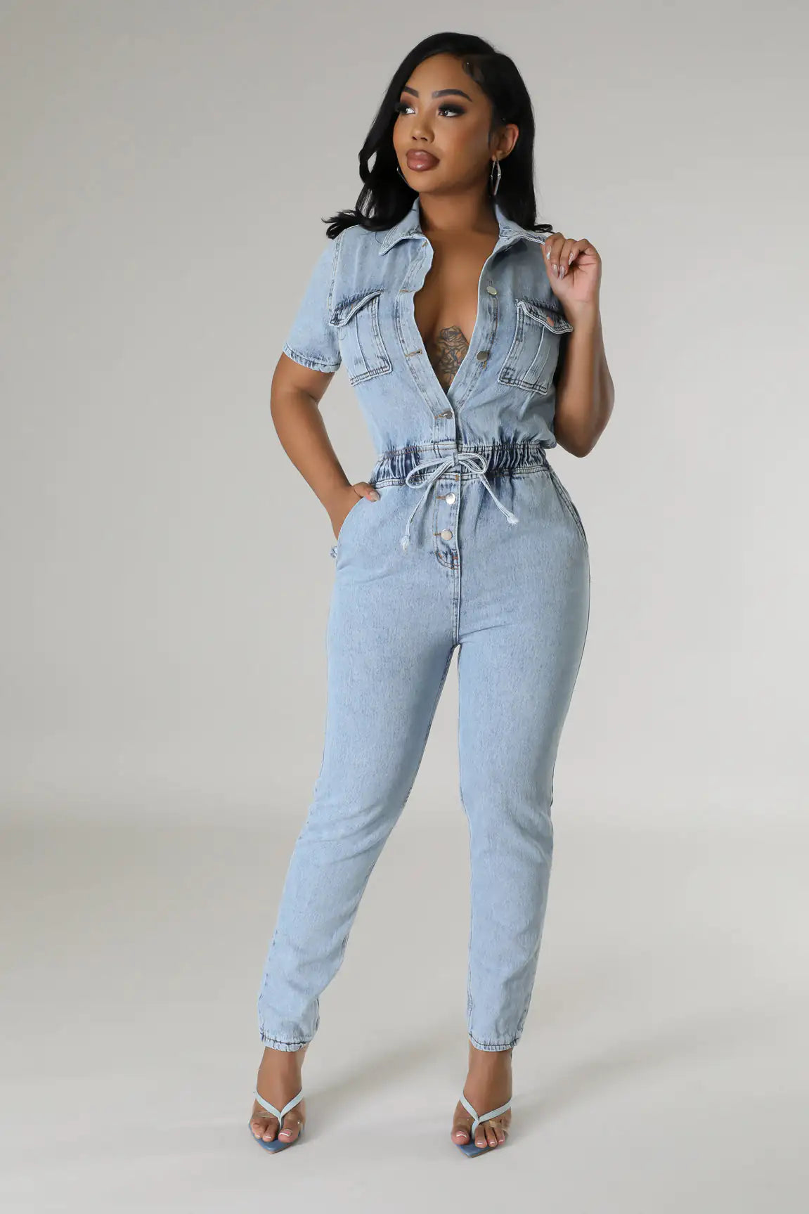 Women's Elegant Blue Denim Stretch Jumpsuit
