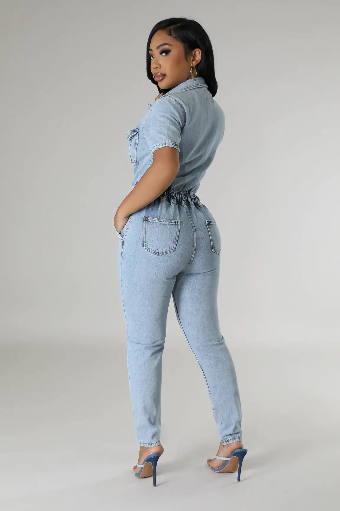 Women's Elegant Blue Denim Stretch Jumpsuit