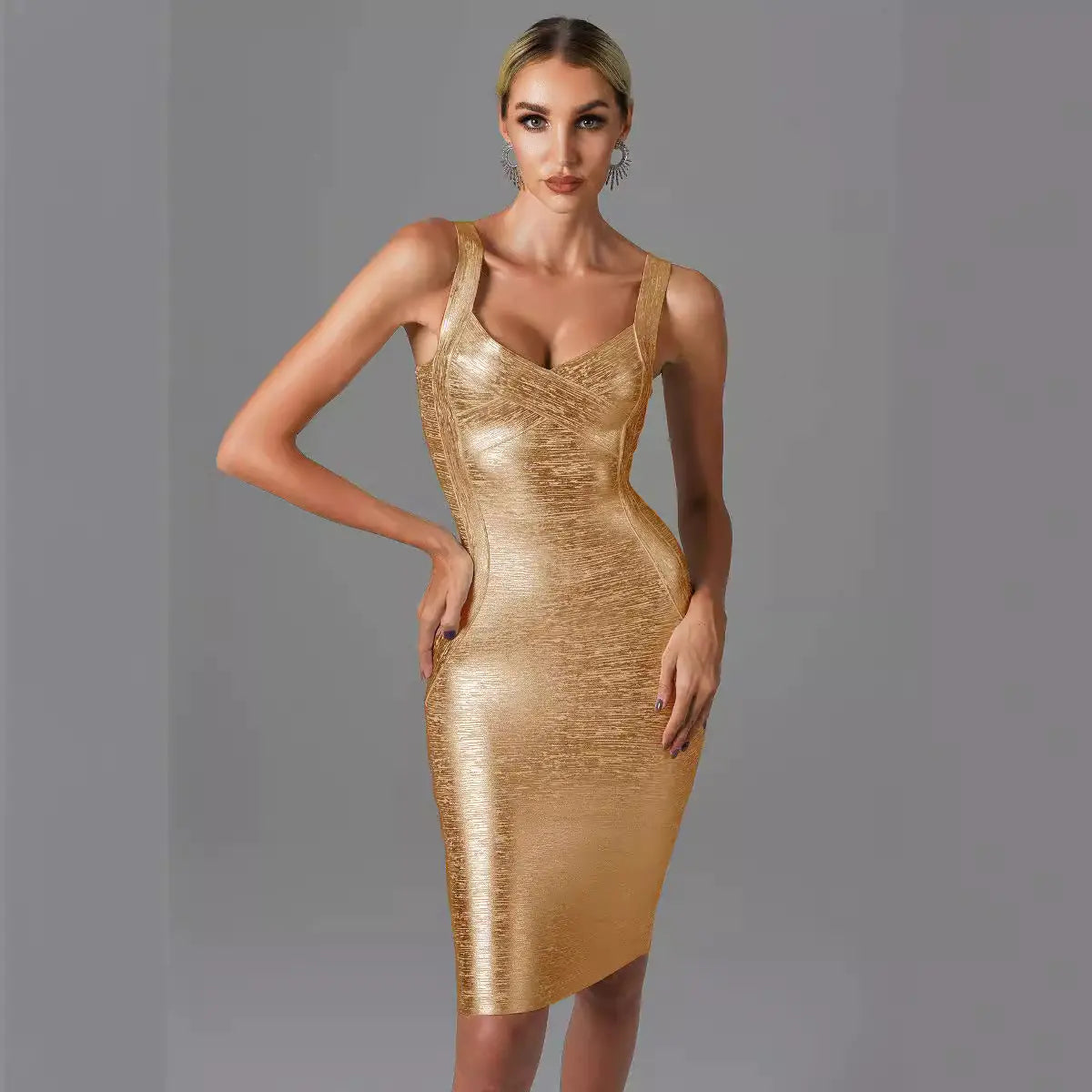 Women's Gold & Silver Foil Bandage Sleeveless Party Dress