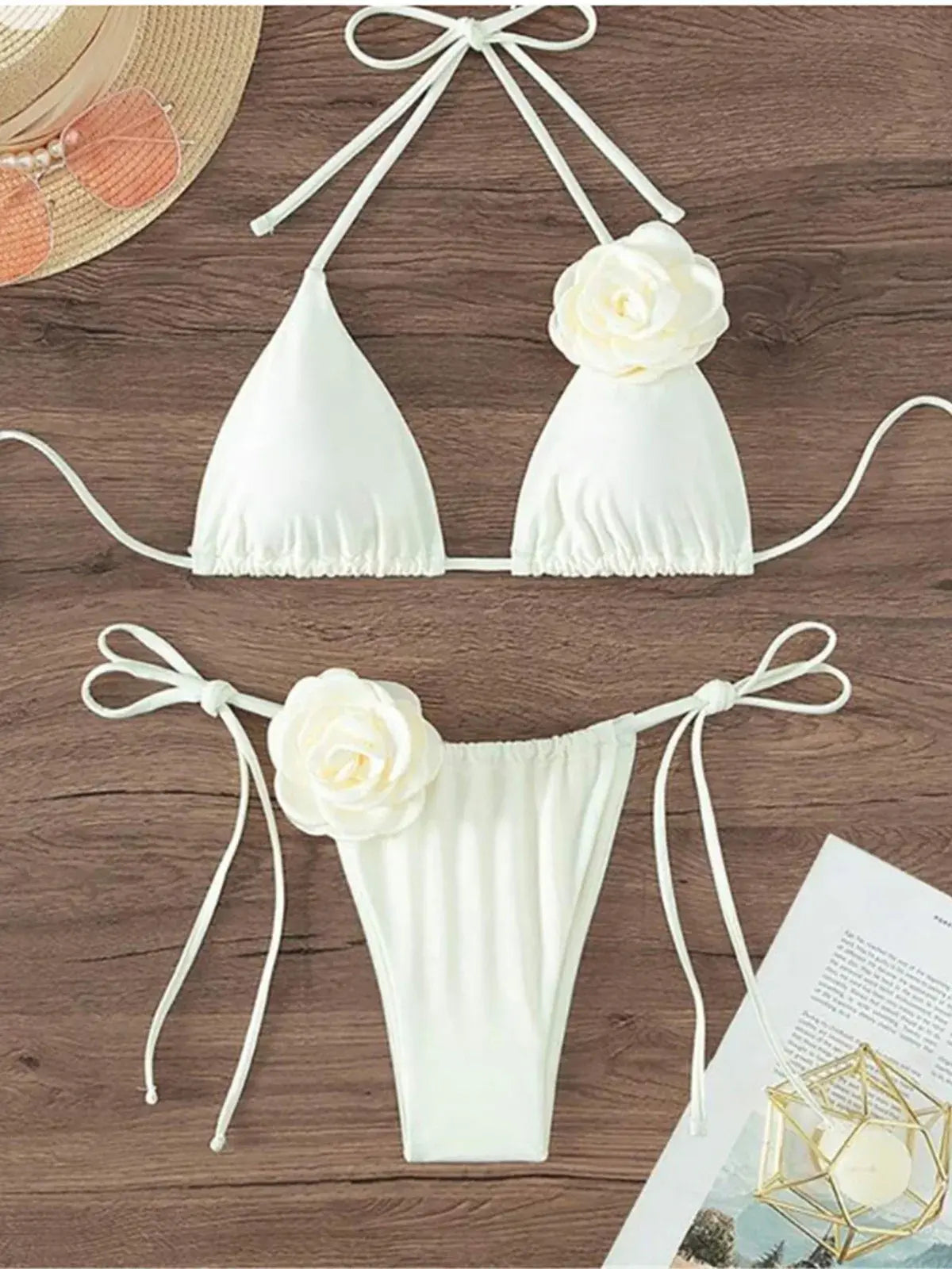Women's Strappy Halter 3D Flowers Bikini Set