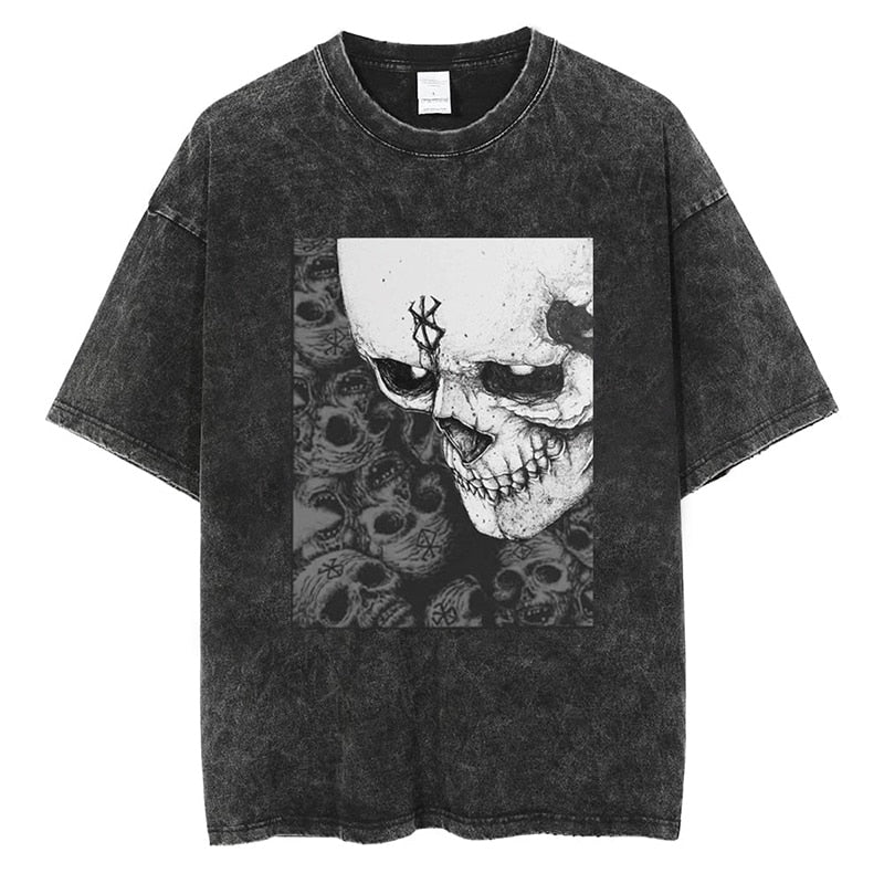 Anime Berserk Skull Print Washed Oversized Tshirt
