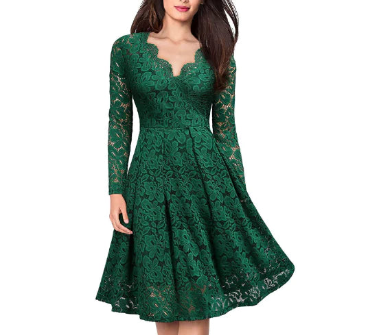 Women's Long Sleeve Tulle Skirt Lace A Line Dress