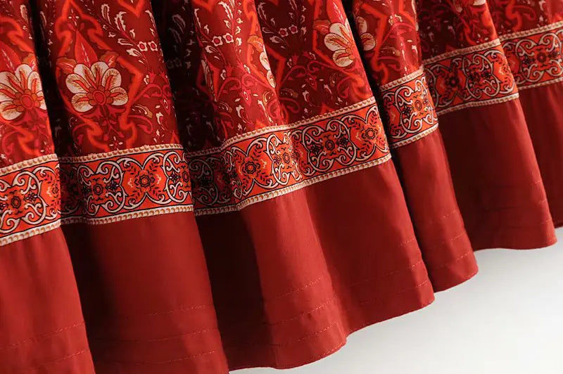 Women's Red Vintage High Waist Bohemian Maxi Beach Dress