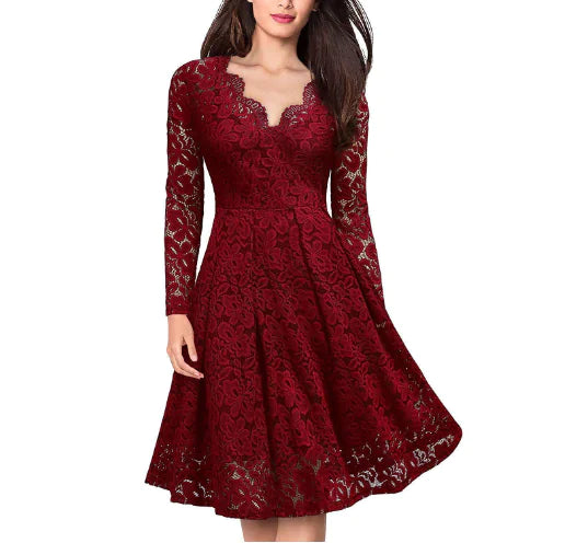 Women's Long Sleeve Tulle Skirt Lace A Line Dress