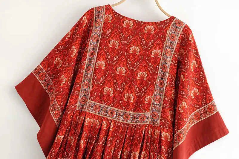 Women's Red Vintage High Waist Bohemian Maxi Beach Dress