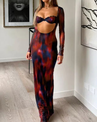 Set Bra Tops Long Sleeve Low Neck Maxi Dress