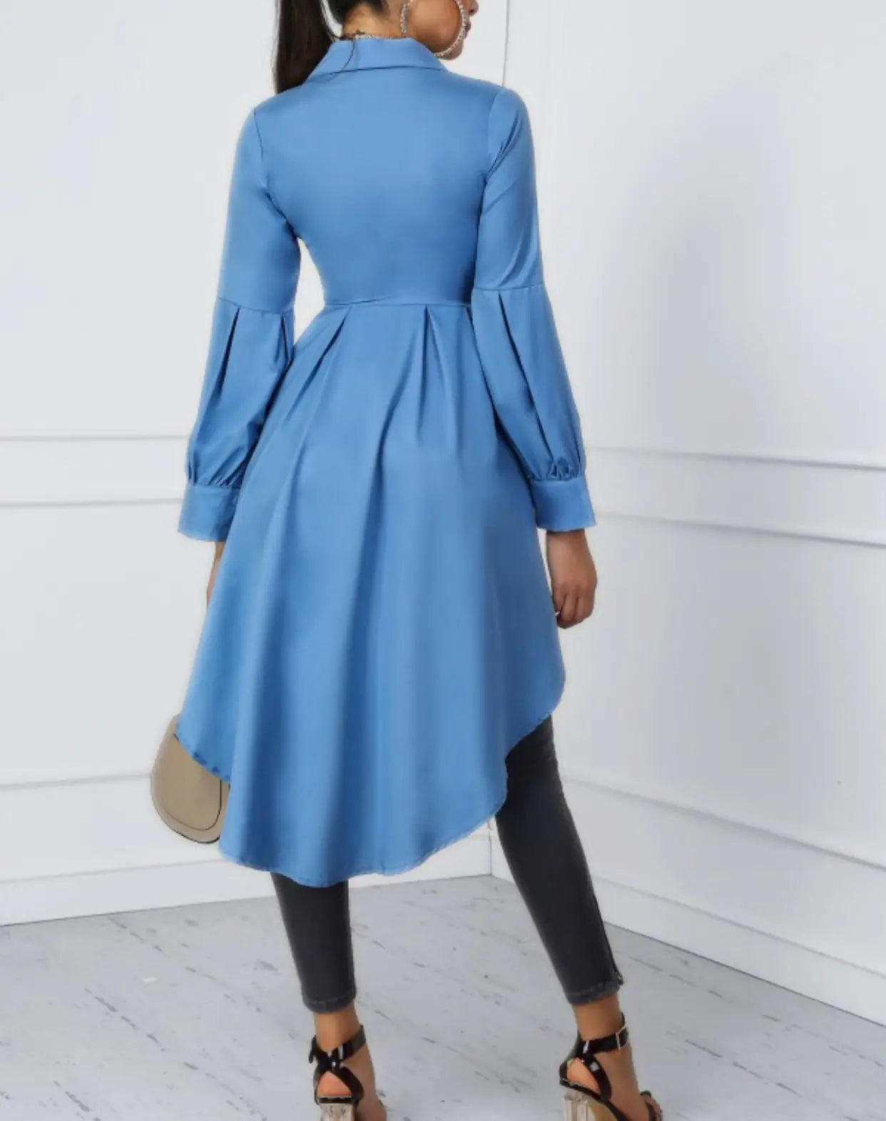 Women's Solid Color Lantern Sleeve Tail & Button Shirt Dress