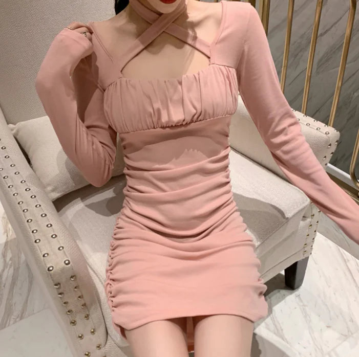 Women's Long Sleeve Short Dress With Tie