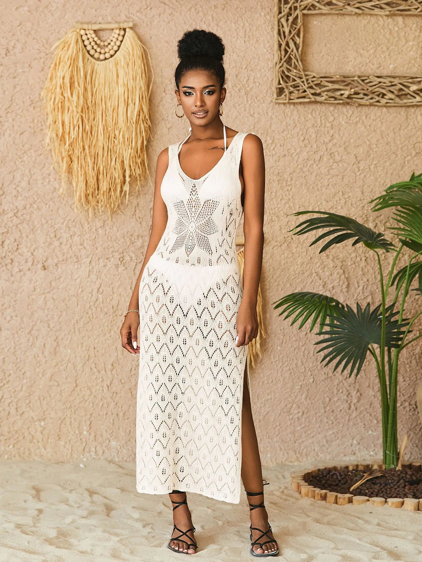Women's Hollow Knit Vest Dress Beach Cover Up Maxi Dress
