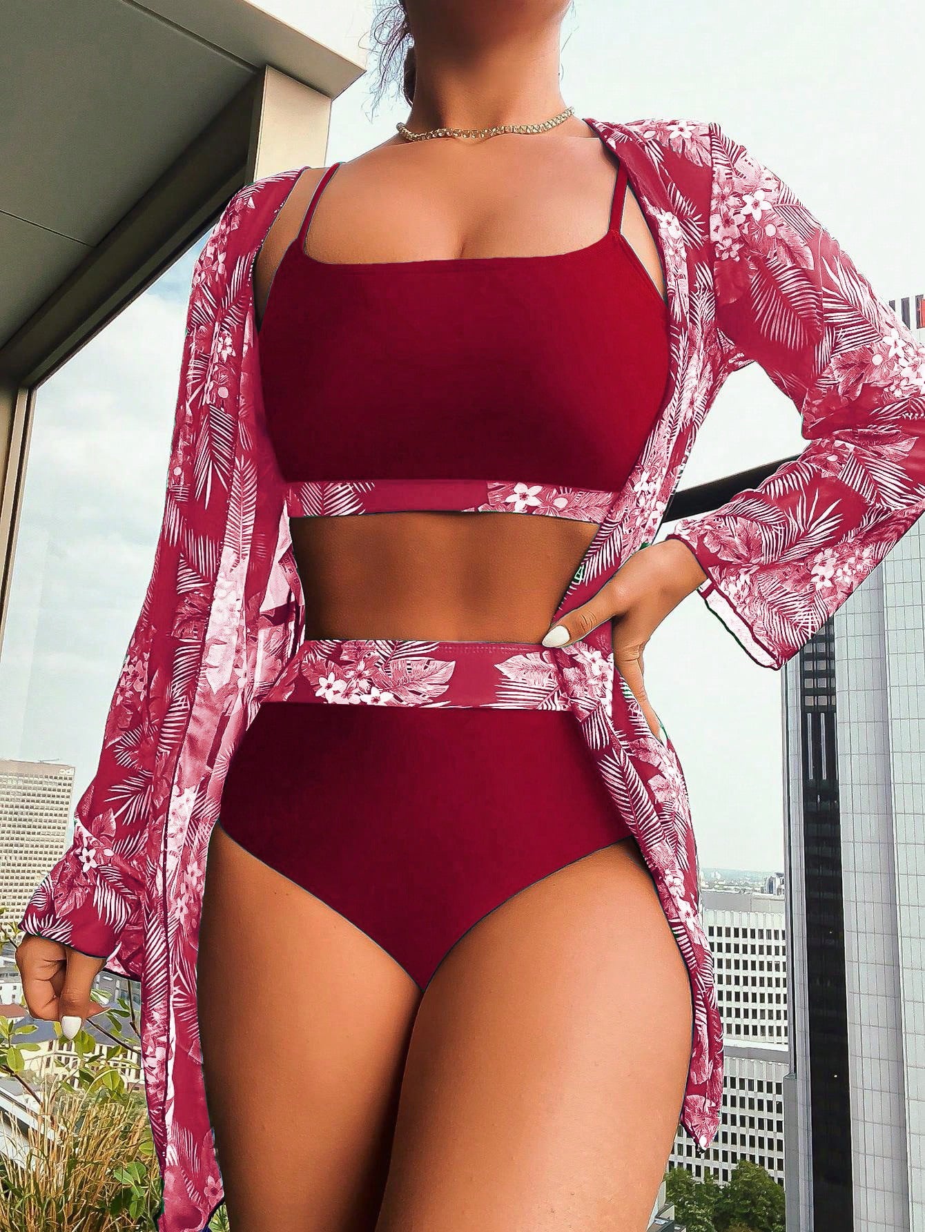 Women's Summer Bikini Set With Leaf Print 3 Piece