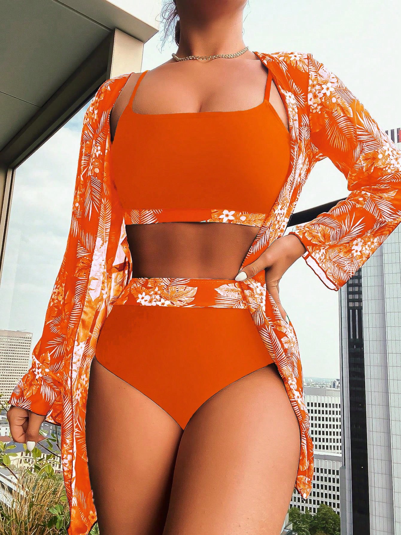 Women's Summer Bikini Set With Leaf Print 3 Piece