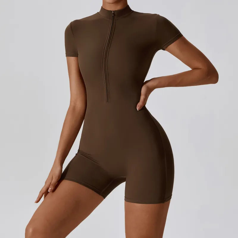 Women's Zipper Short Sleeve Yoga Jumpsuit