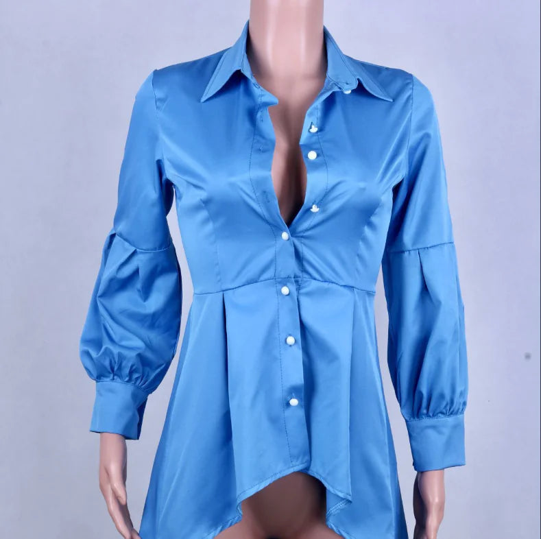 Women's Solid Color Lantern Sleeve Tail & Button Shirt Dress