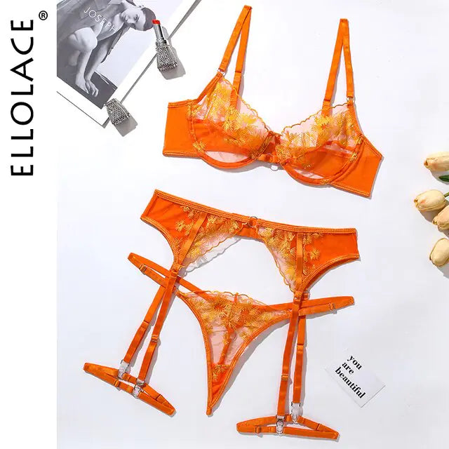 Ellolace Orange Lace Embroidery Lingerie Set Sexy Transparent 3 Piece Mesh Bra & Shorts