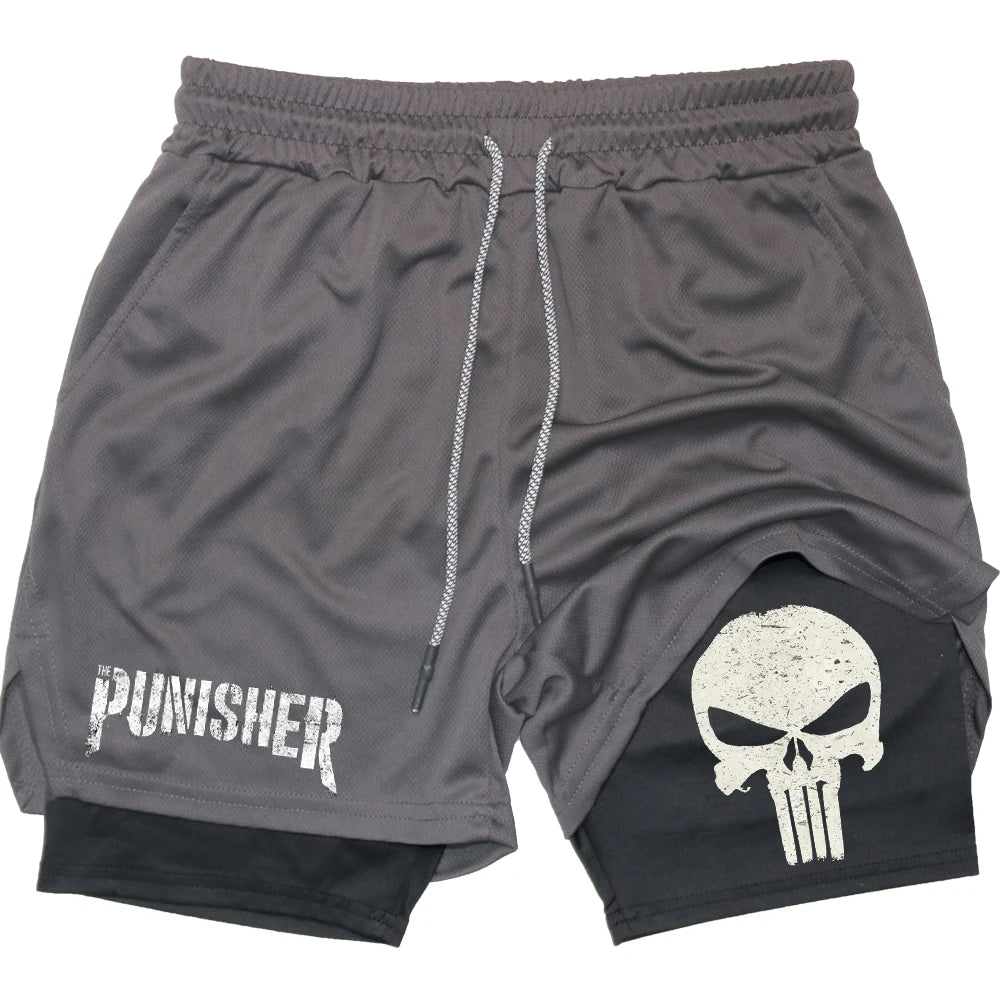 Marvel The Punisher Gym Men Fitness 2 In 1 Anime Performance Mesh Quick Dry Shorts