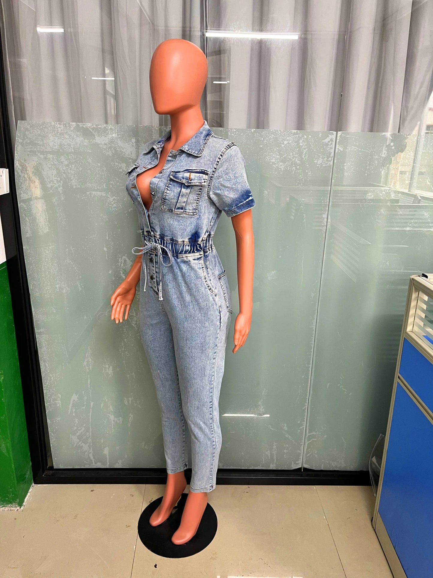 Women's Elegant Blue Denim Stretch Jumpsuit