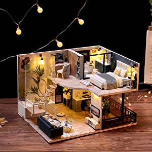 Dollhouse Miniature with Furniture Kit Plus Dust Proof and Music Movement - Cozy time (Valentine's Day Gift Idea)
