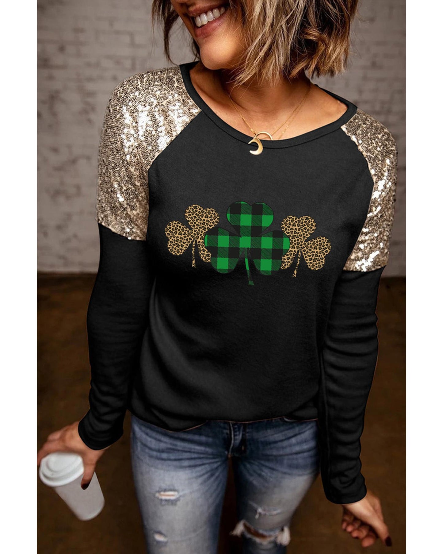 Azura Exchange Sequin Patchwork Plaid Leopard Long Sleeve Top - S