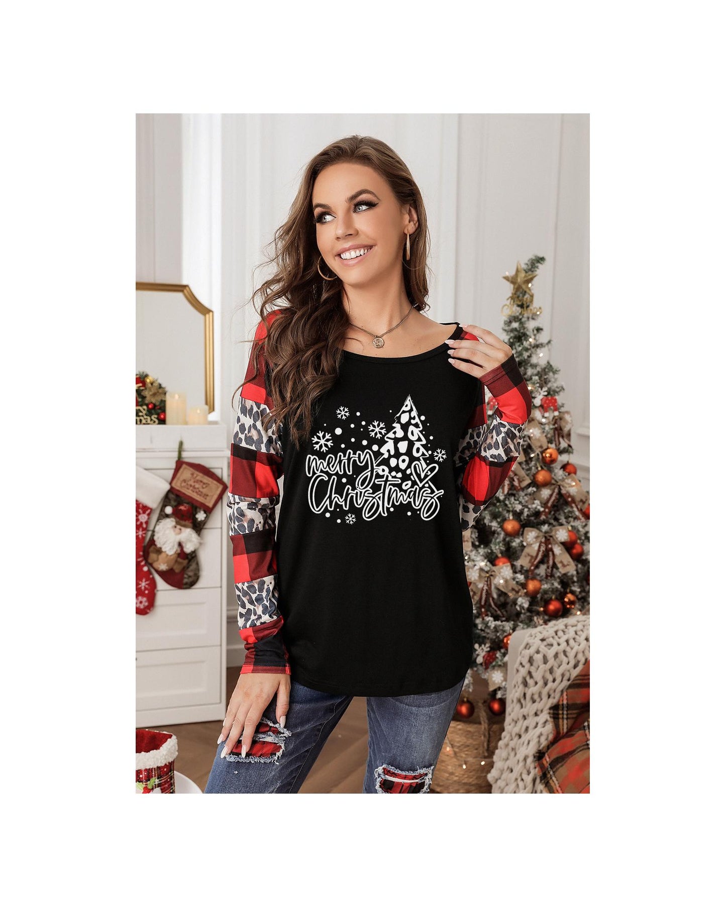 Azura Exchange Plaid Leopard Patchwork Long Sleeve Top - M