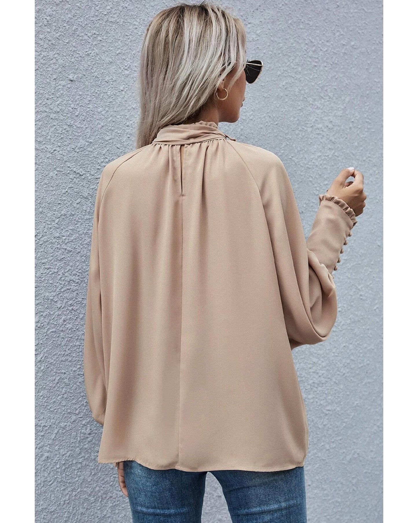 Azura Exchange Khaki Frilled Knotted Blouse with Bishop Sleeves - L
