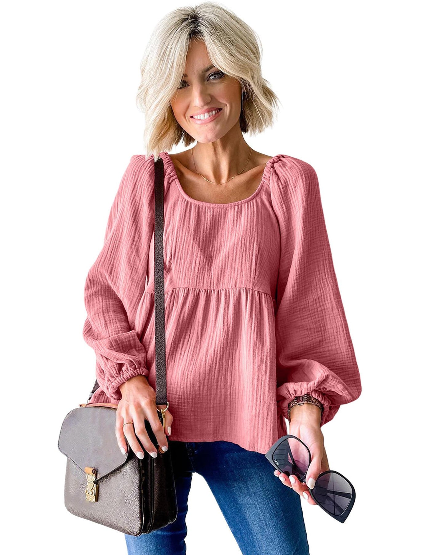 Azura Exchange Textured Bubble Sleeve Blouse - XL