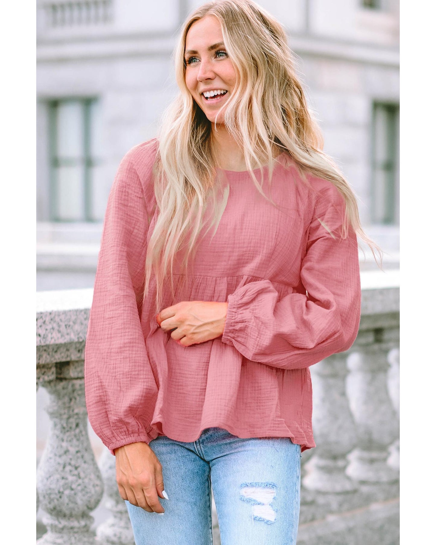Azura Exchange Textured Bubble Sleeve Blouse - XL