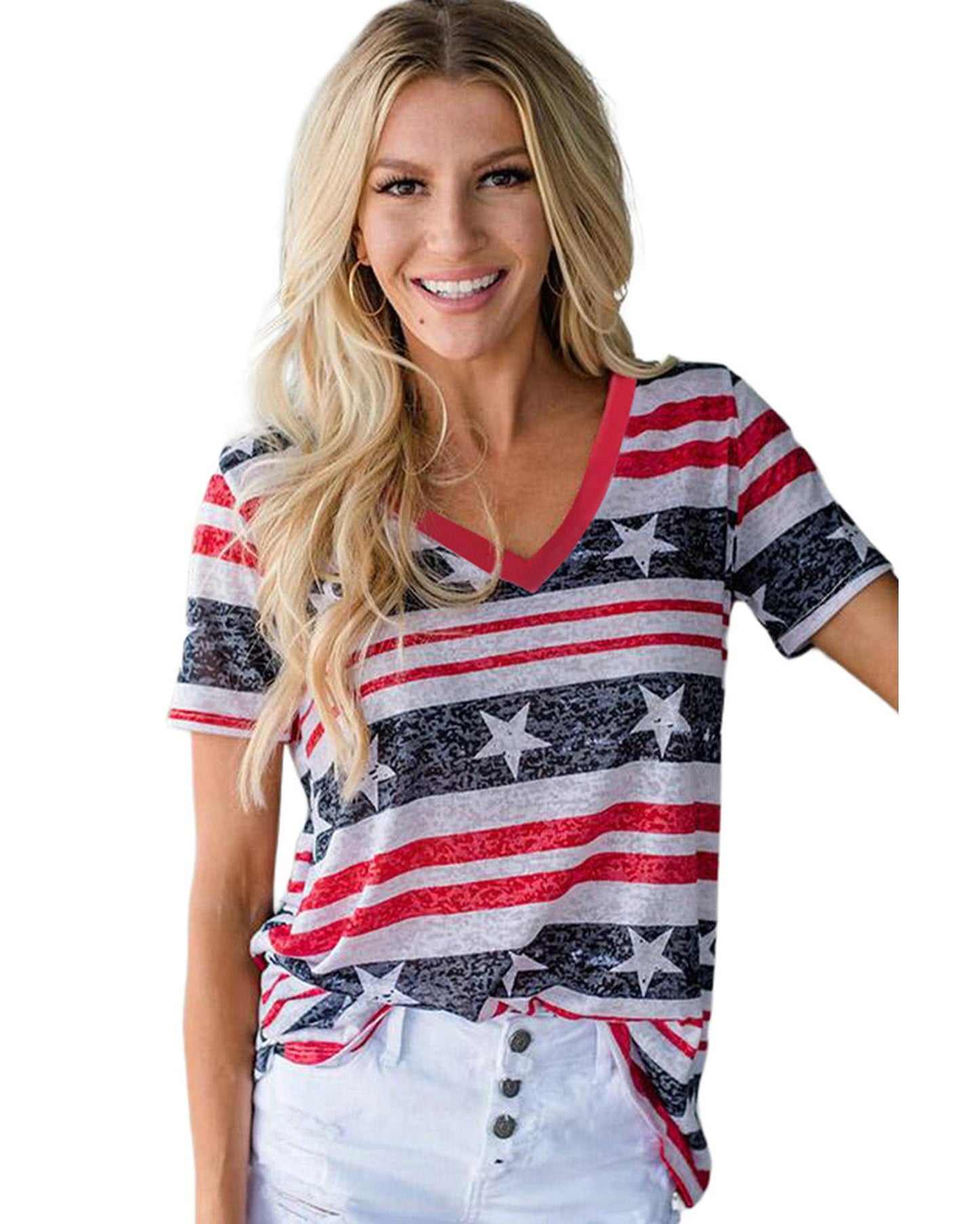 Azura Exchange Star and Stripe Print V-Neck T-Shirt - M