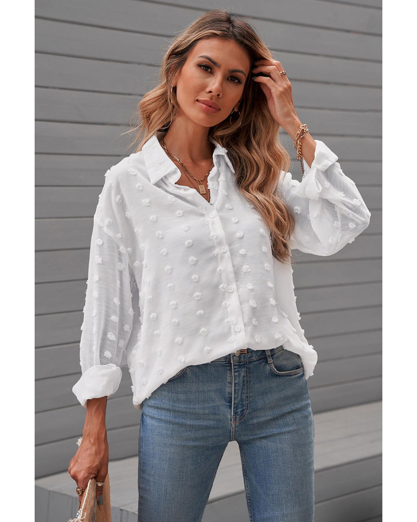 Azura Exchange Button Fuzzy Polka Dot Shirt - L