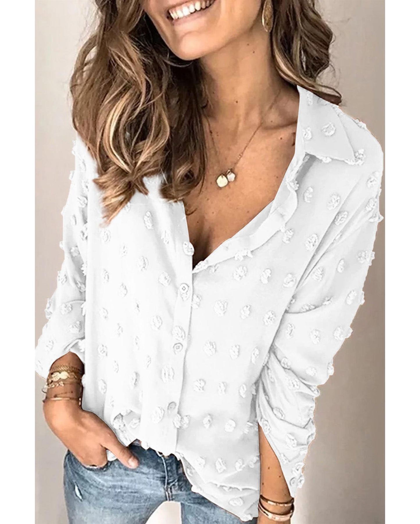 Azura Exchange Button Fuzzy Polka Dot Shirt - L