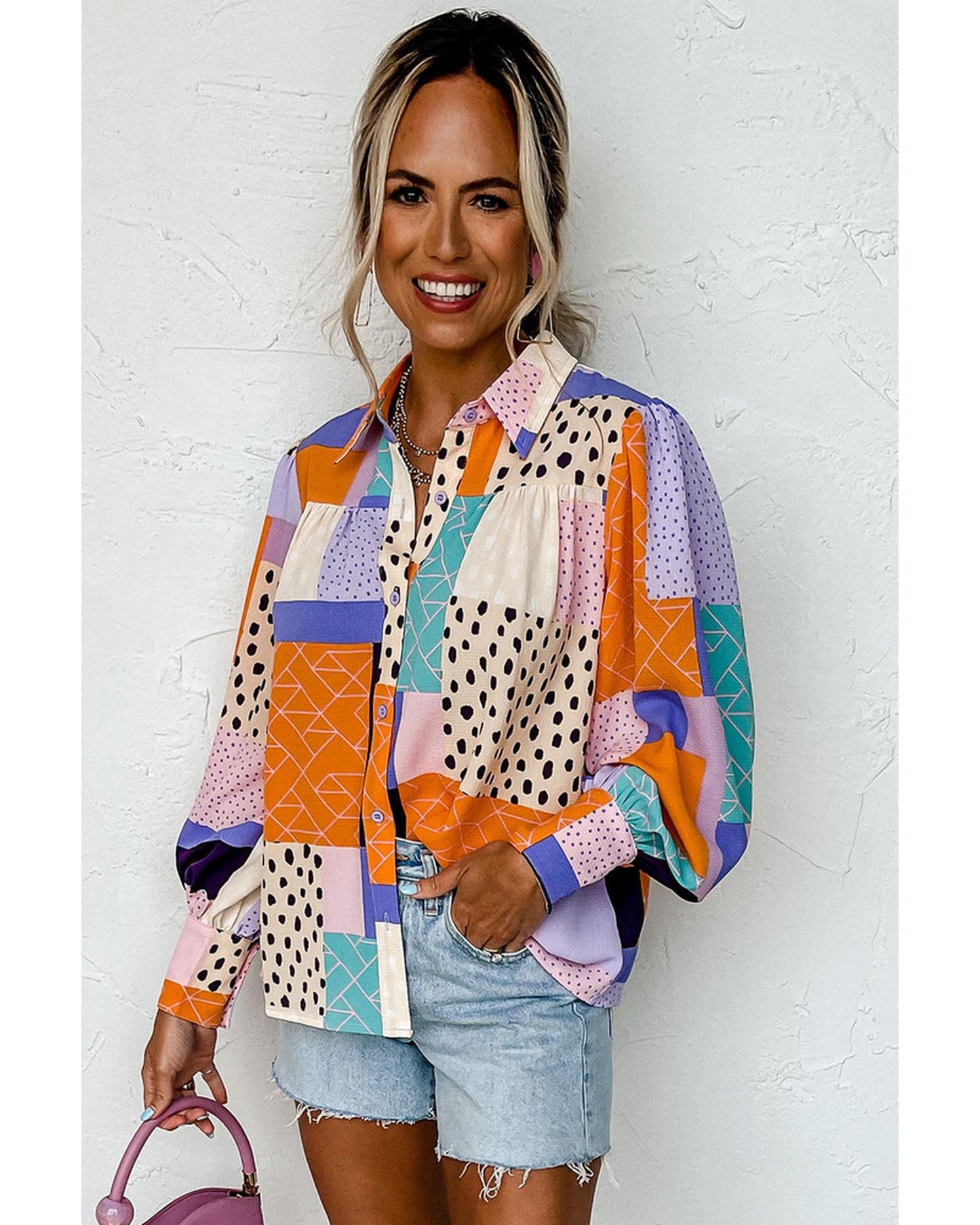 Azura Exchange Button Front Cuffed Sleeve Shirt with Mixed Print - M