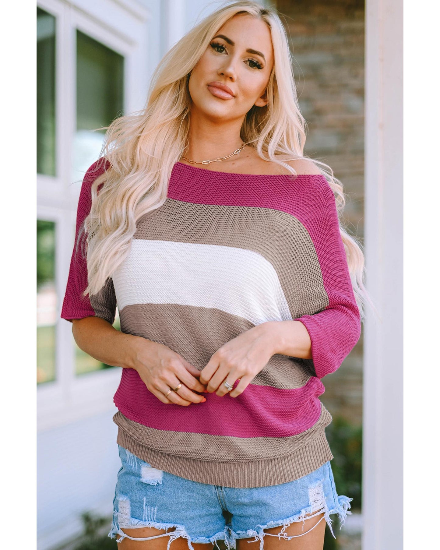 Azura Exchange Half Sleeve Contrast Stripe Knit Sweater - S