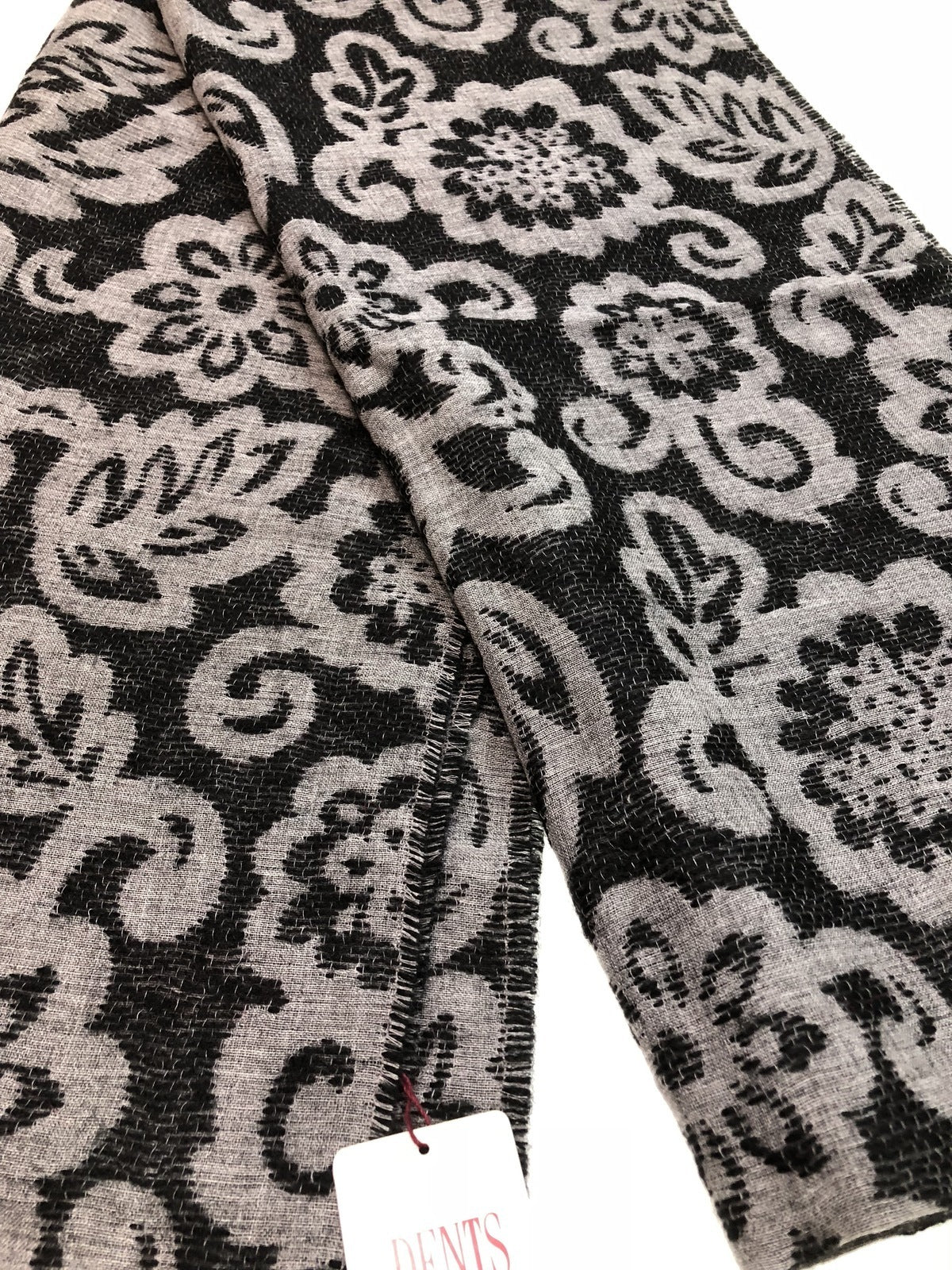 DENTS Large Pashmina Style Scarf w Floral Design Wool Blend Warm Winter - Black