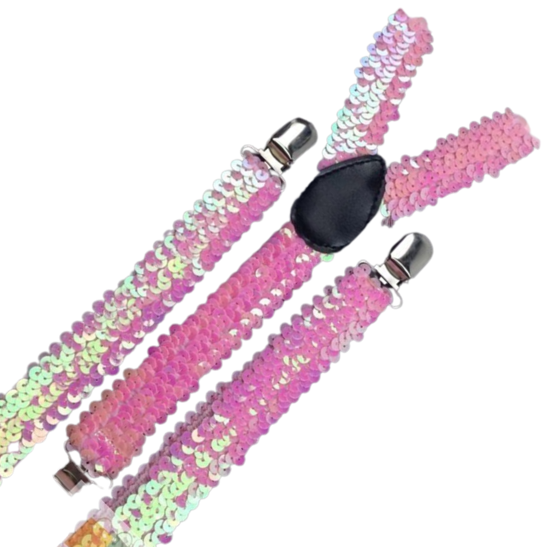 SEQUIN SUSPENDERS Unisex Adjustable Braces Clip On Elastic Y-Back - Light Pink