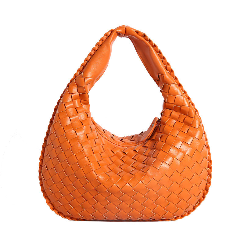 Luxury Woven PU Leather Hobo Bag - Elegant Shoulder Tote 34*21cm (Orange)
