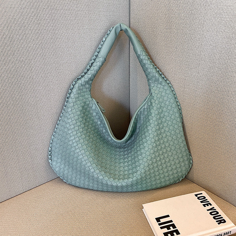 Elegant Woven PU Leather Hobo Bag - Soft Shoulder Tote 47*32cm (lake blue)