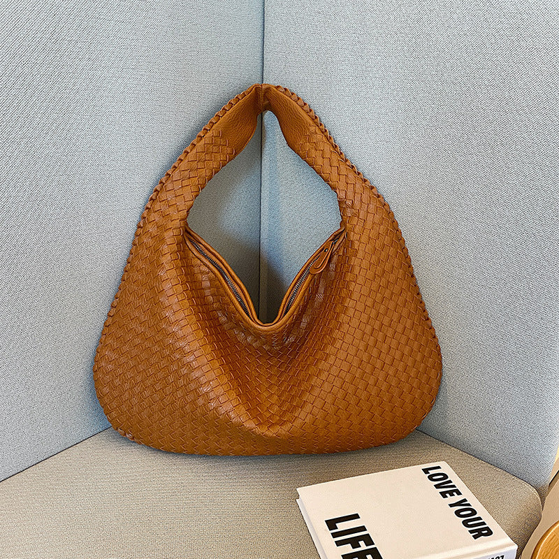 Elegant Woven PU Leather Hobo Bag - Soft Shoulder Tote 47*32cm (Brown)