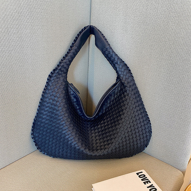 Elegant Woven PU Leather Hobo Bag - Soft Shoulder Tote 47*32cm (navy blue)