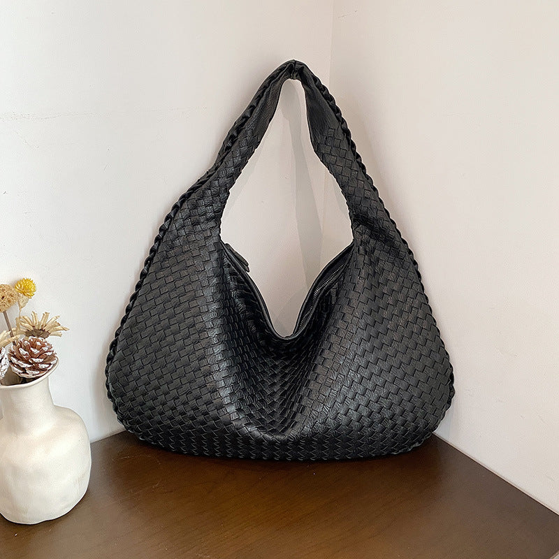 Elegant Woven PU Leather Hobo Bag - Soft Shoulder Tote 47*32cm (Black)
