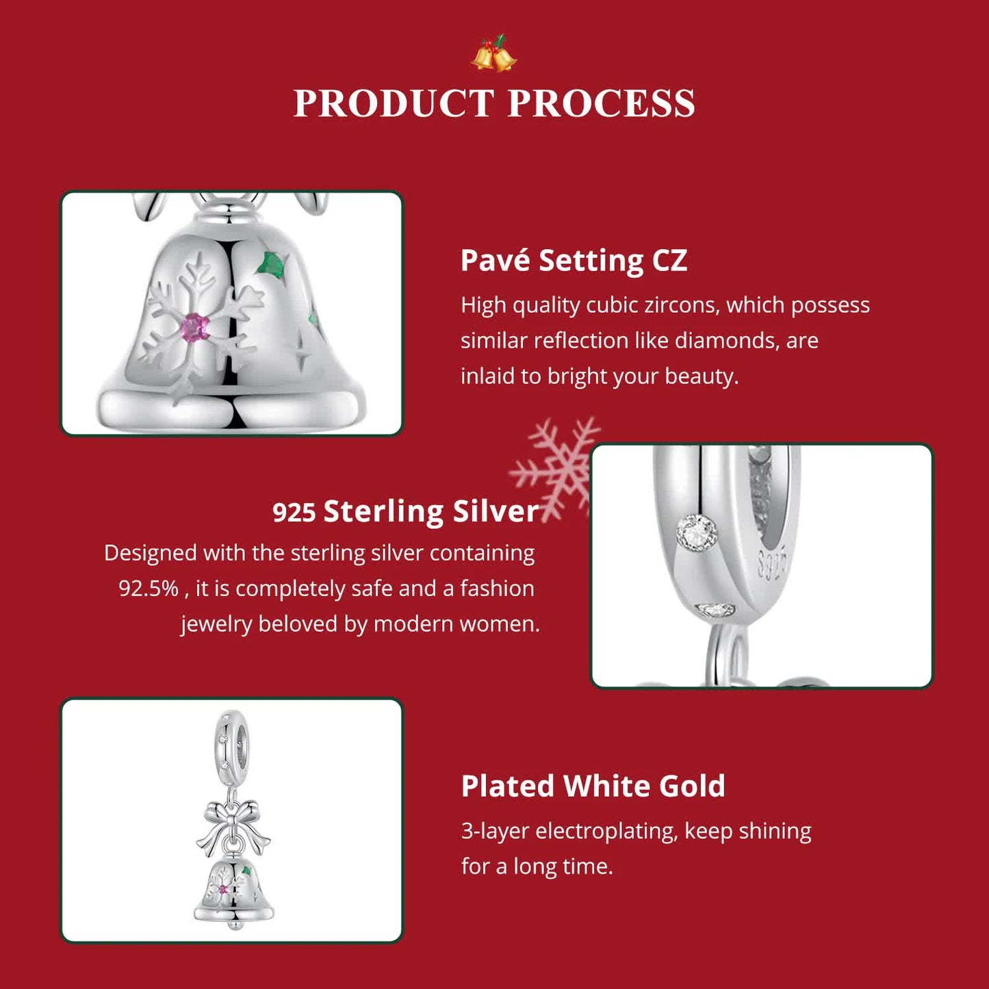 Sterling Silver Bell Charm - Festive Christmas Pendant with Colorful Accents (weighs approximately 2.2g)