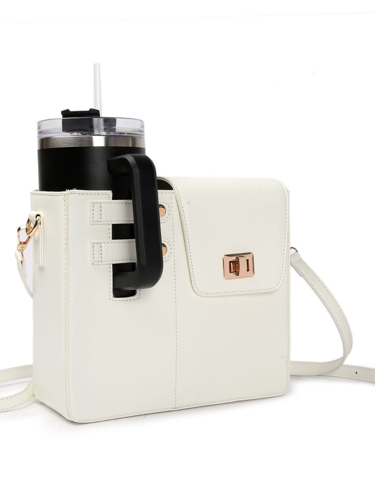 White Portable Beverage Bottle Cup Holder Bag | Trendy Crossbody Design for Daily Commute���No water cup���
