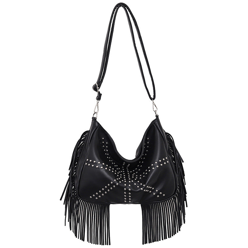 Black Trendy Rivet Fringe Shoulder Bag ��� Large Capacity Soft Leather Handbag for Women, Perfect for Travel and Leisure
