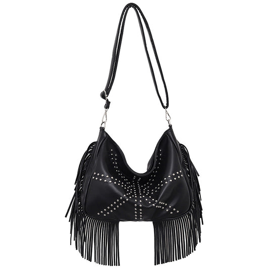 Black Trendy Rivet Fringe Shoulder Bag ��� Large Capacity Soft Leather Handbag for Women, Perfect for Travel and Leisure
