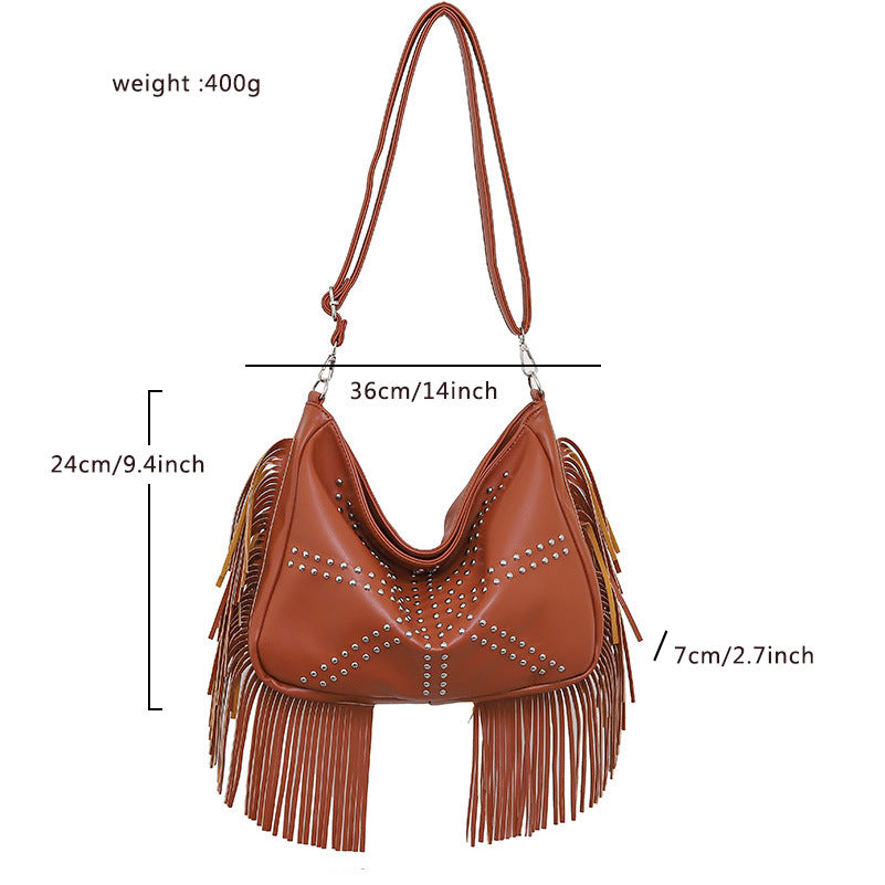 Black Trendy Rivet Fringe Shoulder Bag ��� Large Capacity Soft Leather Handbag for Women, Perfect for Travel and Leisure