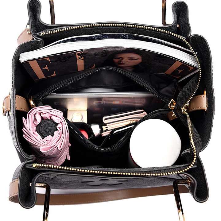 Black Elegant Embossed PU Leather Tote Bag for Women - Large Capacity Handbag with Inner Pouch