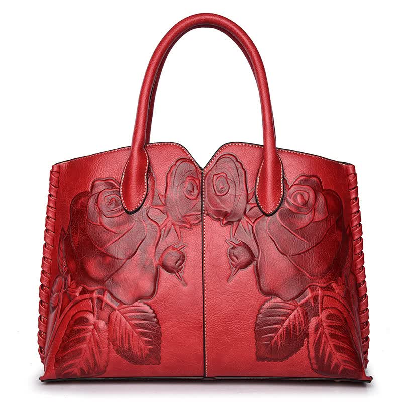 Red Elegant Embossed Rose Leather Handbag - Vintage Style Tote Bag