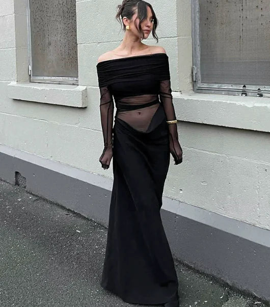 Women's Off Shoulder Semi Sheer Maxi Dress