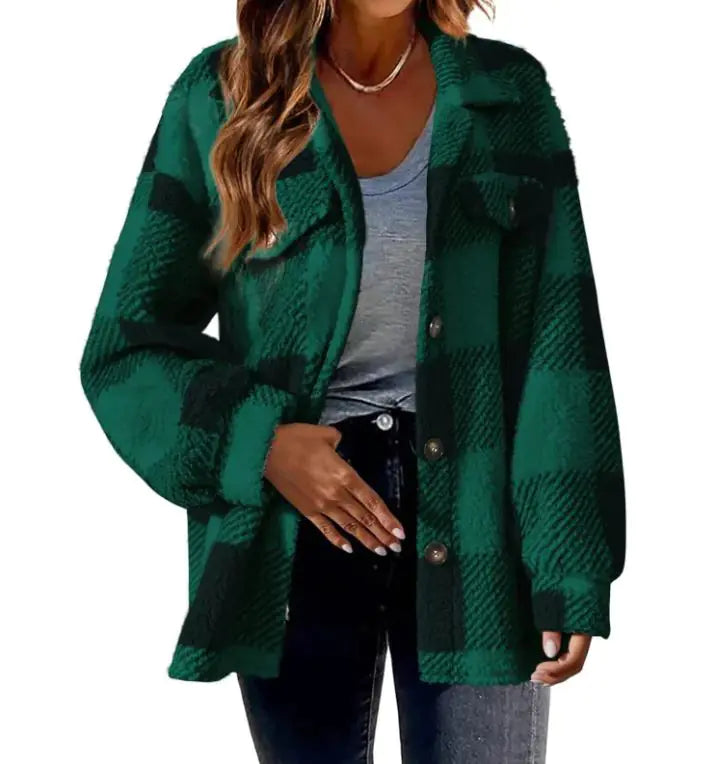 Plush Plaid Womens Autumn And Winter Open Button Lapel Thermal Plaid Pattern Jacket