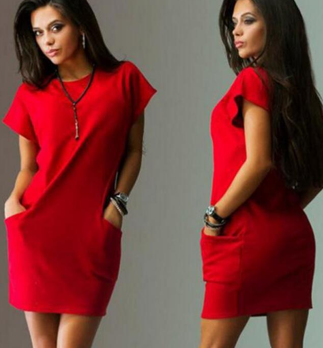 Women's Solid Color Slim Fit Round Neck Pocket Dress